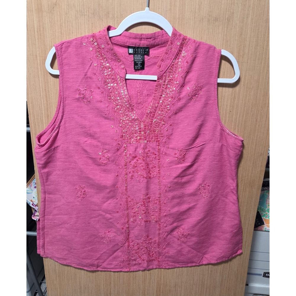 Carol Little Size XL Ladies Pink Silk Sleeveless Top Sequined‎ Blouse Pink